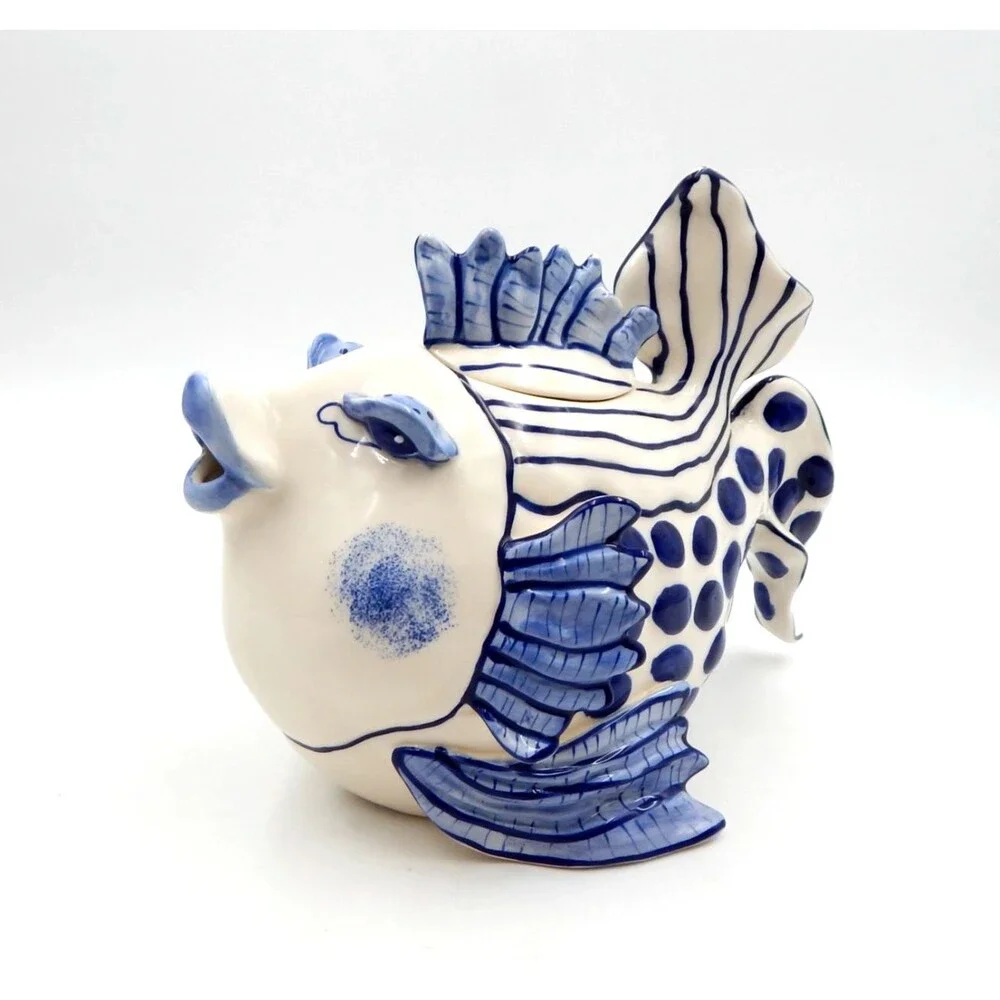 Blue Sky Clayworks Diane Kissy Fish Teapot Blue White Polka Dot 10 Inch 2013